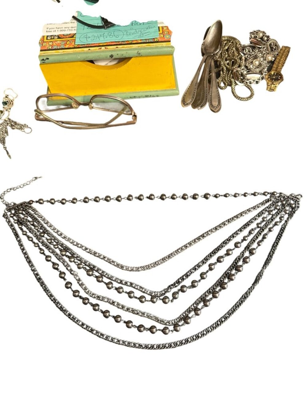 Layered Silver-Tone Chain Necklace With Beaded Details & Adjustable Lobster Clas - Picture 3 of 3